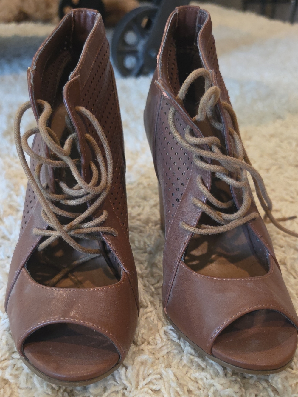 Brown Lace-Up Peep Toe Women's Heels